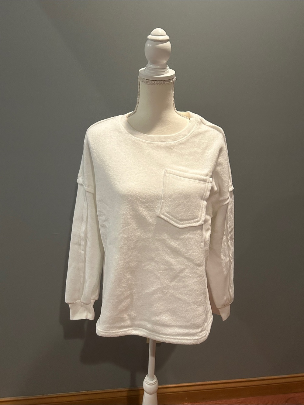 Women's White Crewneck Sweatshirt with Chest Pocket